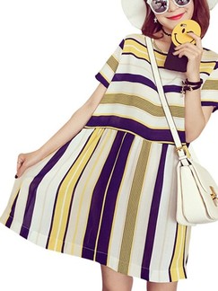 Beige and Yellow Shift Above Knee Plus Size Dress for Casual Beach