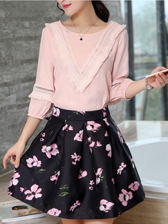 Pink and Black Cute Two Piece Above Knee Plus Size Fit  Flare Floral Dress for Casual Evening Party