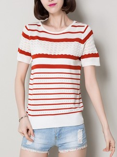 Red and White T-Shirt Plus Size Lace Top for Casual