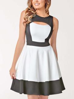Grey and White Knee Length Fit  Flare Dress for Party Evening Casual