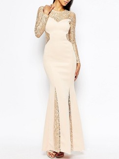Golden and Beige Bodycon Maxi Lace Long Sleeve Dress for Cocktail Prom