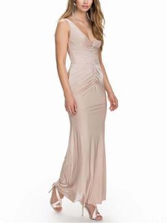 Beige Bodycon Maxi V Neck Dress for Cocktail Prom