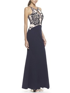Blue and Beige Bodycon Maxi Floral Dress for Cocktail Prom