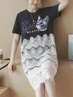 Blue and White Shift Knee Length Lace Plus Size Dress for Casual