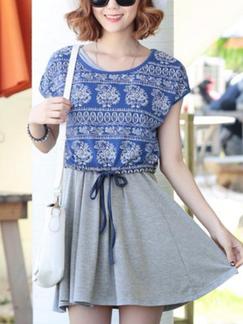 Blue and Grey Two Piece Above Knee Fit  Flare Dress for Casual Beach