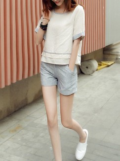 Beige and Grey Two Piece Shirt Shorts Jumpsuit for Casual