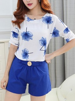 Blue and White Two Piece Shirt Shorts Floral Jumpsuit for Casual Evening Office