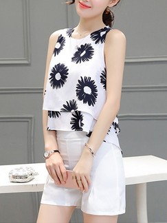 White and Black Two Piece Shirt Shorts Plus Size Floral Jumpsuit for Casual Evening Office