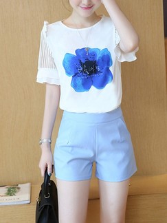 White and Blue Two Piece Shirt Shorts Plus Size Jumpsuit for Casual Office Evening
