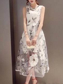 White and Grey Floral Maxi Fit & Flare Dress for Casual Evening Party
