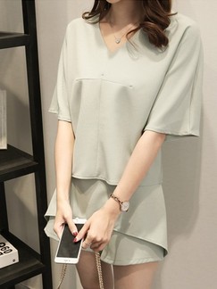 Green Two Piece Shirt Shorts Plus Size Jumpsuit for Casual Office