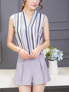 White Grey and Blue Two Piece Shirt Shorts V Neck Wide Leg Plus Size Jumpsuit for Casual Office Evening