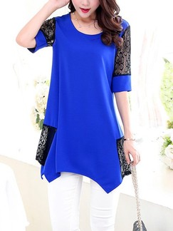 Blue Shirt Plus Size Lace Top for Casual Evening