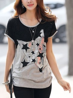 Grey Black Silver T Shirt Top for Casual Party