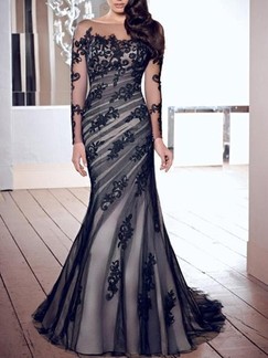 Black and Grey Lace Long Sleeve Bodycon Maxi Dress for Prom Cocktail