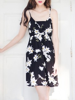 Black and White Slip Above Knee Fit & Flare Floral Dress for Casual Beach