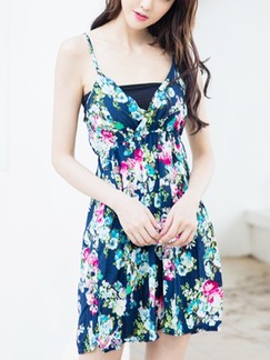 Blue and White Slip Above Knee Fit & Flare Floral Dress for Casual Beach
