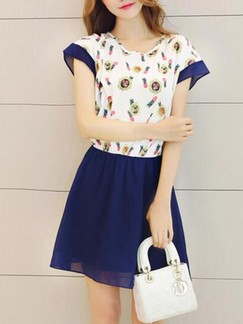 Blue and White Fit  Flare Above Knee Dress for Casual