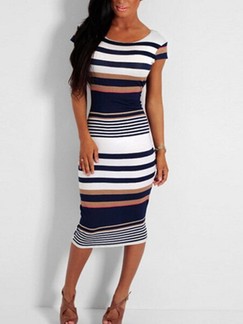 White and Blue Bodycon Knee Length Plus Size Dress for Party Evening Cocktail