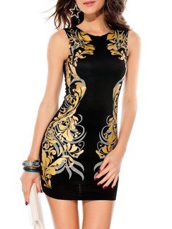 Black and Golden Above Knee Plus Size Bodycon Dress for Cocktail Party Evening