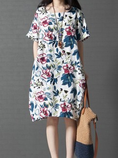 White Knee Length Shift Floral Plus Size Dress for Casual