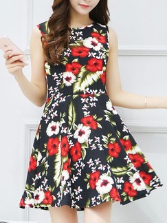 Red and Black Fit  Flare Above Knee Floral Plus Size Dress for Casual Party
