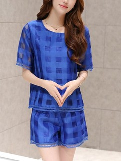 Blue Two Piece Shirt Shorts Plus Size Jumpsuit for Casual Evening