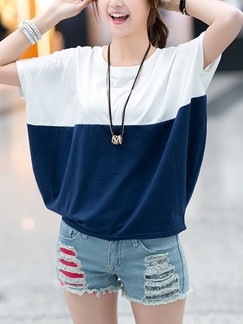 White and Blue T-Shirt Plus Size Top for Casual