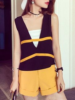 Black White and Yellow Two Piece Shirt Shorts Jumpsuit for Casual Evening Party