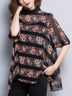 Black and Pink T-Shirt Floral Plus Size Top for Casual Evening Party