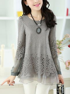 Grey Blouse Long Sleeve Plus Size Lace Top for Casual Evening