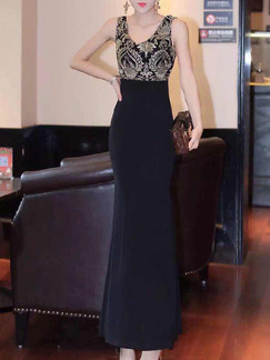 Black and Golden Slip V Neck Maxi Bodycon Dress for Cocktail Prom