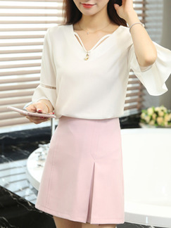 White and Pink Cute Two Piece Above Knee Sheath V Neck Plus Size Dress for Casual Office Evening