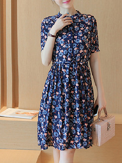 Blue Floral Knee Length Fit  Flare Plus Size Shirt Dress for Casual Office