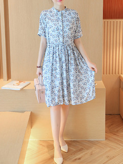 Blue Floral Knee Length Fit  Flare Plus Size Shirt Dress for Casual Office
