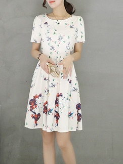 White Colorful Above Knee Plus Size Fit & Flare Floral Dress for Casual Party