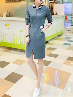 Blue Above Knee Sheath Plus Size Long Sleeve Dress for Casual