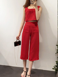 Red Two Piece Shirt Pants Slip Jumpsuit for Casual Office Party