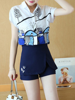 White and Blue Two Piece Shirt Shorts Plus Size Jumpsuit for Casual Evening Office On Sale