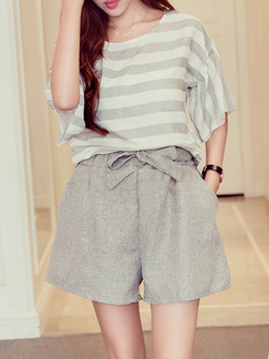 Gray and White Stripe Two Piece Shirt Shorts Plus Size Wide Leg Jumpsuit for Casual Evening Party On Sale