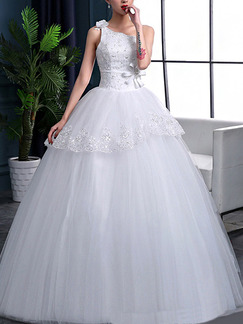 White One Shoulder Ball Gown Embroidery Sash Bowknot Dress for Wedding On Sale