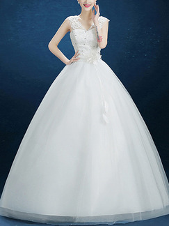 White Illusion Princess V Neck Appliques Beading Lace Dress for Wedding On Sale