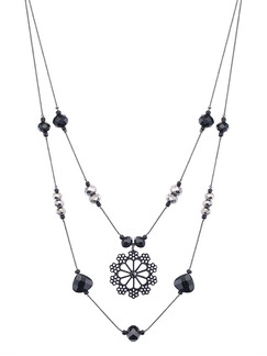 Alloy With Chain Triple Black Crystal Necklace