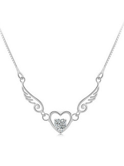 925 Silver  Silver Chain With Chain Heart Single Stone Rhinestone Necklace