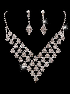 Silver Plated With Chain Silver Chain and Earrings Bib Rhinestone Necklace