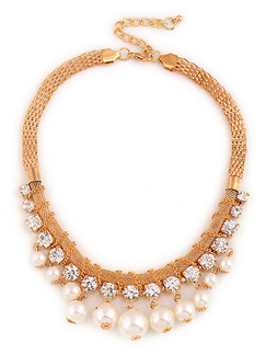 Gold Plated With Chain Gold Chain Collar Bead Bib Rhinestone and Pearl Necklace
