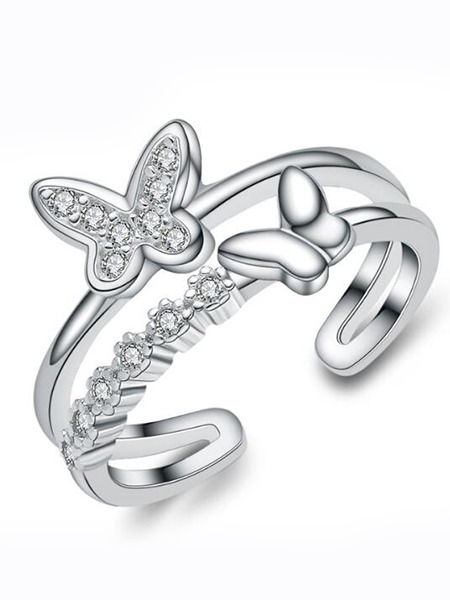 925 Silver Butterfly Open Rhinestone Ring