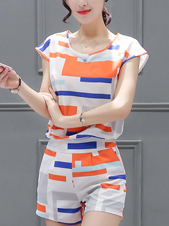 White and Orange Two Piece Shirt Shorts Plus Size Jumpsuit for Casual Evening Office