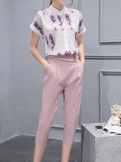 White and Pink Two Piece Shirt Pants Plus Size Jumpsuit for Casual Office Evening