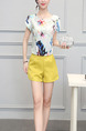 White and Yellow Two Piece Shirt Shorts Plus Size Wide Leg Jumpsuit for Casual Office Evening